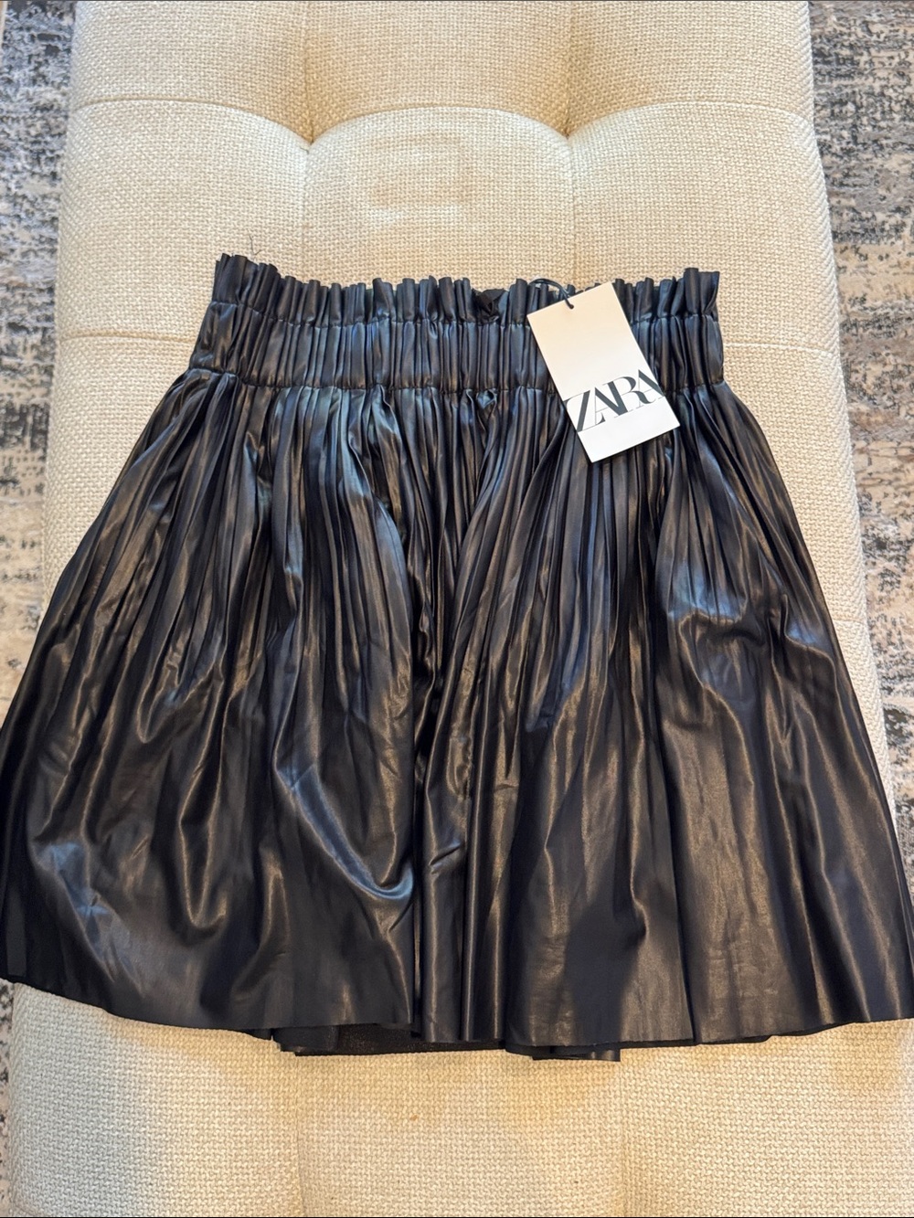 Zara Black Faux-Leather Pleated Skater Skirt